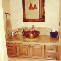 brown cabinets in bathroom