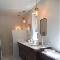 brown cabinets in bathroom
