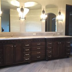 brown cabinets in bathroom