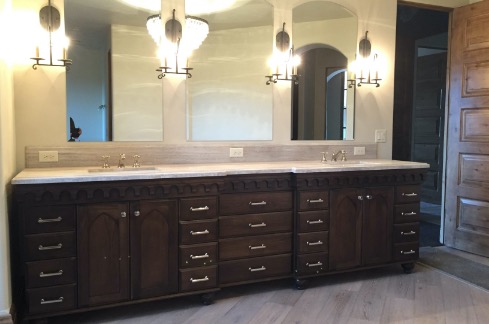 brown custom cabinets in bathroom