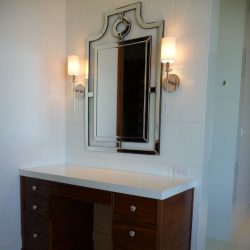 brown cabinets in bathroom